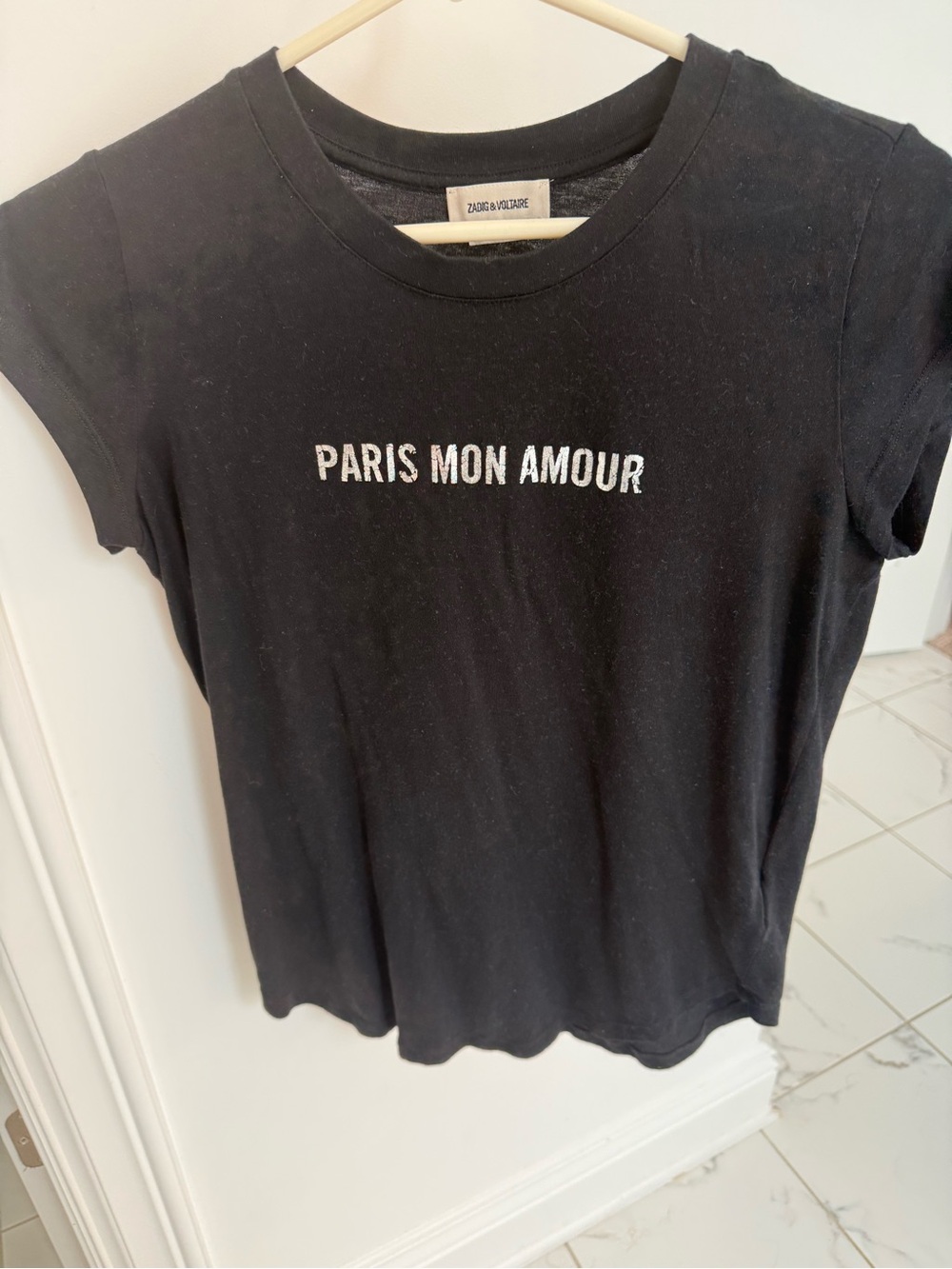 Zadig & Voltaire Black Tee with White 'Paris Mon Amour' Text